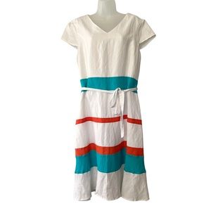 Vintage Linen Blend Dress White With Teal & Red Stripes Women Size Large New